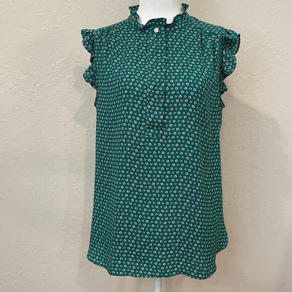 LOFT Tops - ~ Loft Med Sleeveless Blouse Flutter Floral Pattern Green Button Flowy Lightwt